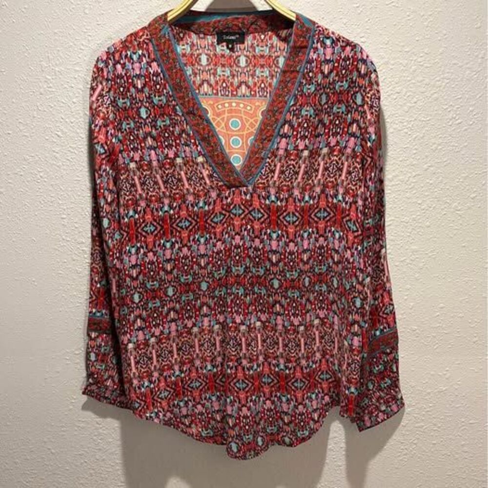 Tolani 100% Silk Ikat Geometric Border Print V-Neck Blouse Boho Top Size Medium
